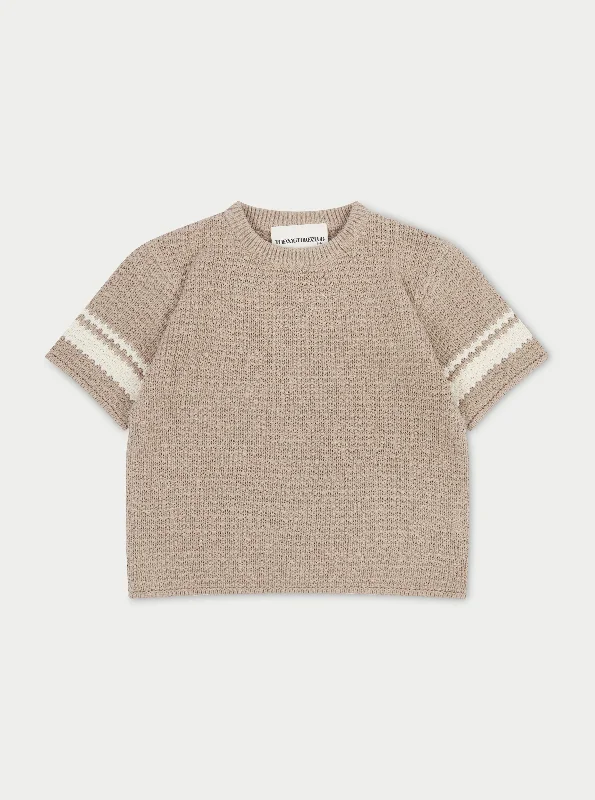 KIDS CROCHET KNITTED CONTRAST STRIPE T-SHIRT - BROWN