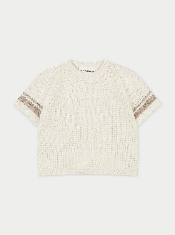 KIDS CROCHET KNITTED CONTRAST STRIPE T-SHIRT - OFF WHITE